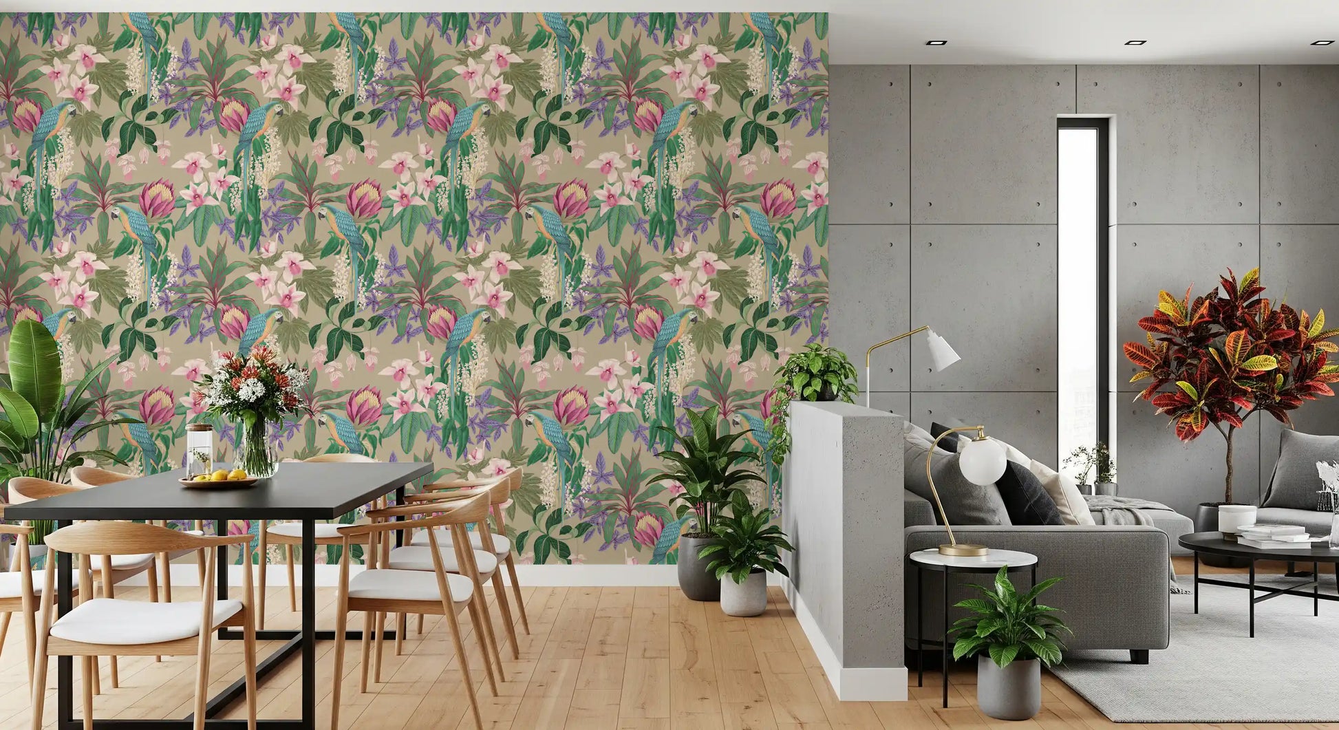 Macaw wallpaper with teal feathers, pink orchids and lilac leaf accents in dining area., GD10013