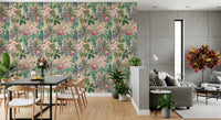 Macaw wallpaper with teal feathers, pink orchids and lilac leaf accents in dining area., GD10013