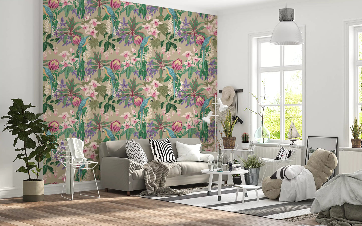 Parrot and orchid wallpaper for living room in pink, green and beige tones., GD10013
