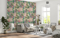 Parrot and orchid wallpaper for living room in pink, green and beige tones., GD10013