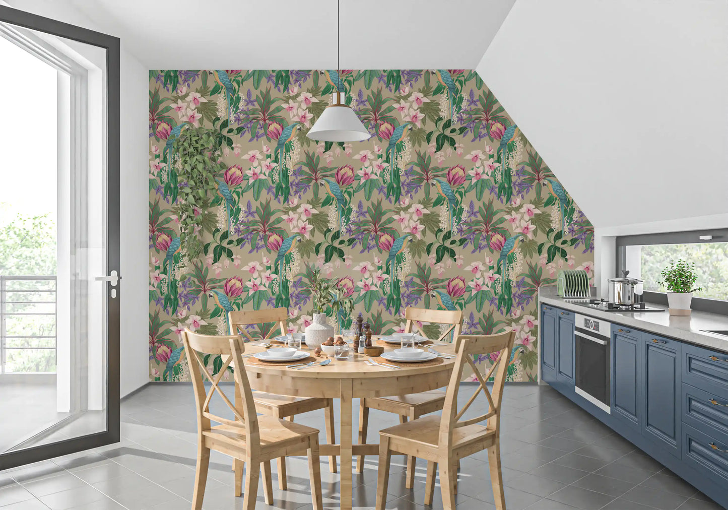 Pattern wallpaper with blue macaws, magenta protea and palm leaves on taupe., GD10013