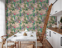 Repeat wallpaper with blue and yellow macaws on a soft taupe background., GD10013