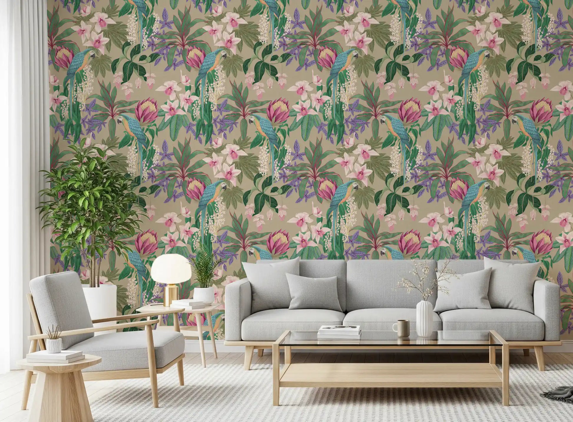 Botanical jungle wallpaper with parrots, palm fronds and rose-pink flowers, GD10013