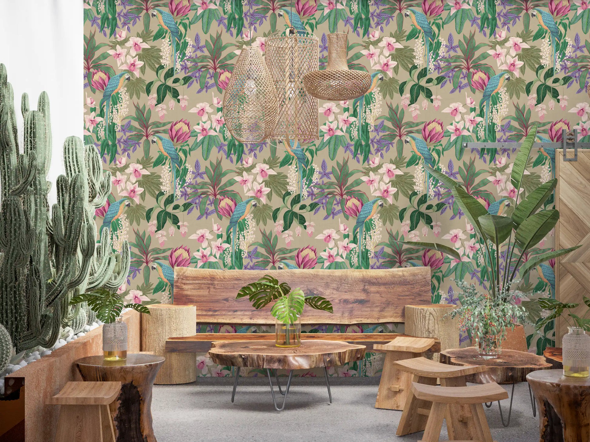 Bird and flower wallpaper with magenta protea, white blossoms and green leaves., GD10013