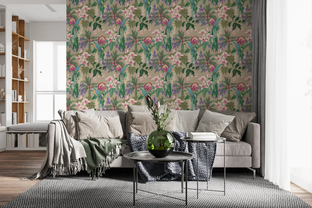 Tropical macaw and orchid wallpaper with parrots, palm leaves and pink blooms