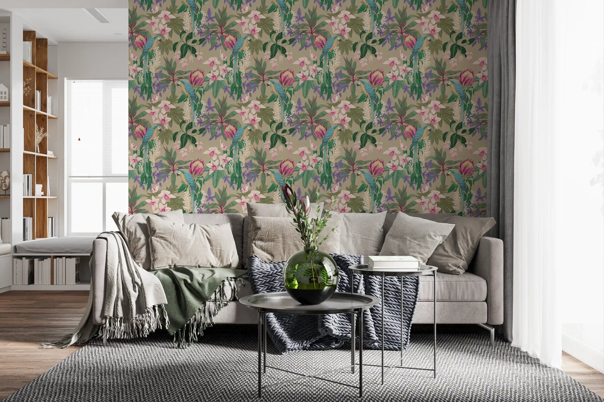 Tropical macaw and orchid wallpaper with parrots, palm leaves and pink blooms, GD10013