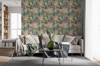Tropical macaw and orchid wallpaper with parrots, palm leaves and pink blooms, GD10013