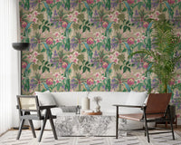 Maximalist tropical wallpaper with palm leaves, orchids and trailing florals in living room., GD10013