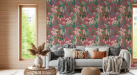Pink orchid and protea flower pattern wallpaper with teal macaw parrots in living room.