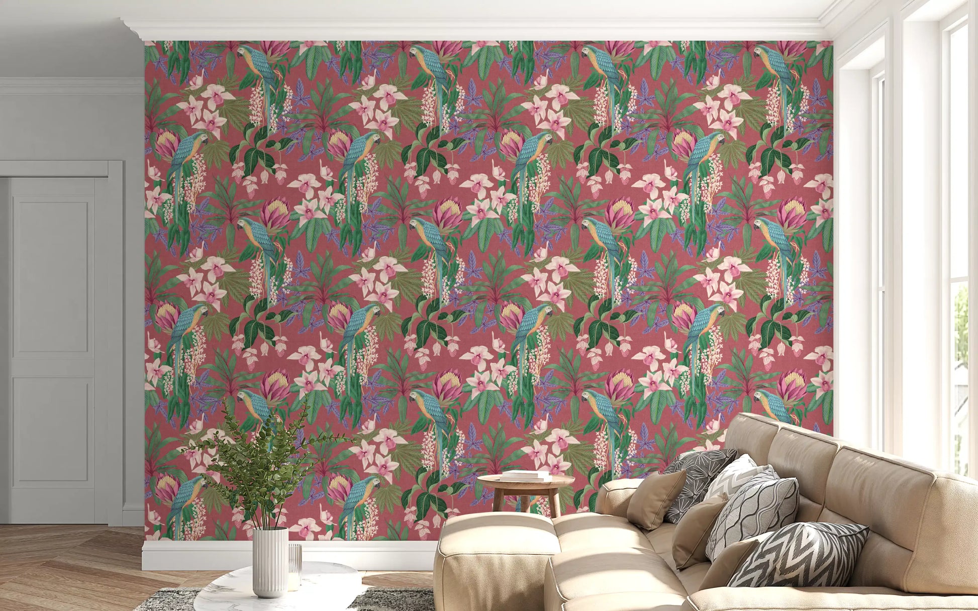 Decorative wallpaper pattern with parrots, orchids, and trailing blossoms