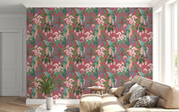 Decorative wallpaper pattern with parrots, orchids, and trailing blossoms