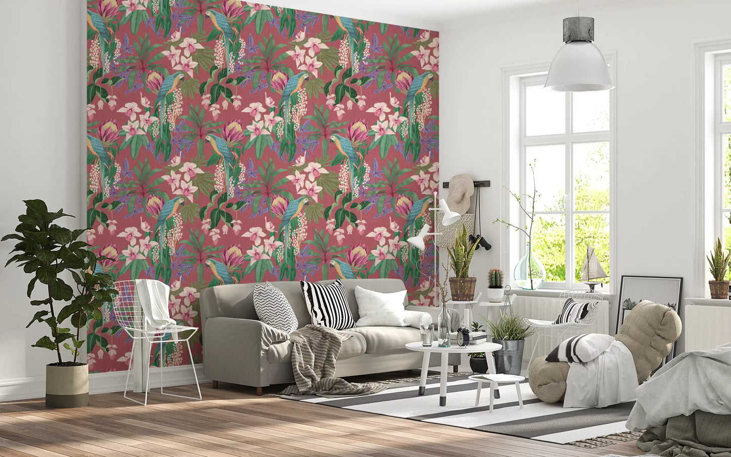 Vintage tropical wallpaper with parrots, palm leaves, and pink ground. 