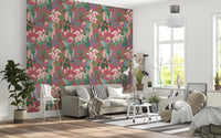 Vintage tropical wallpaper with parrots, palm leaves, and pink ground. 