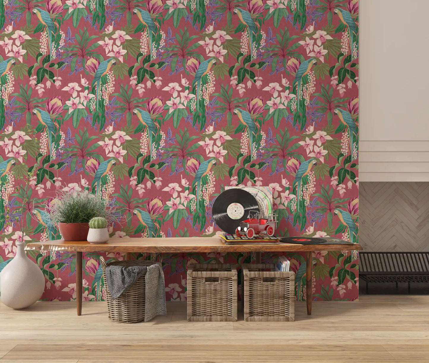 Botanical wallpaper showing two macaws among orchids and tropical foliage in hallway.