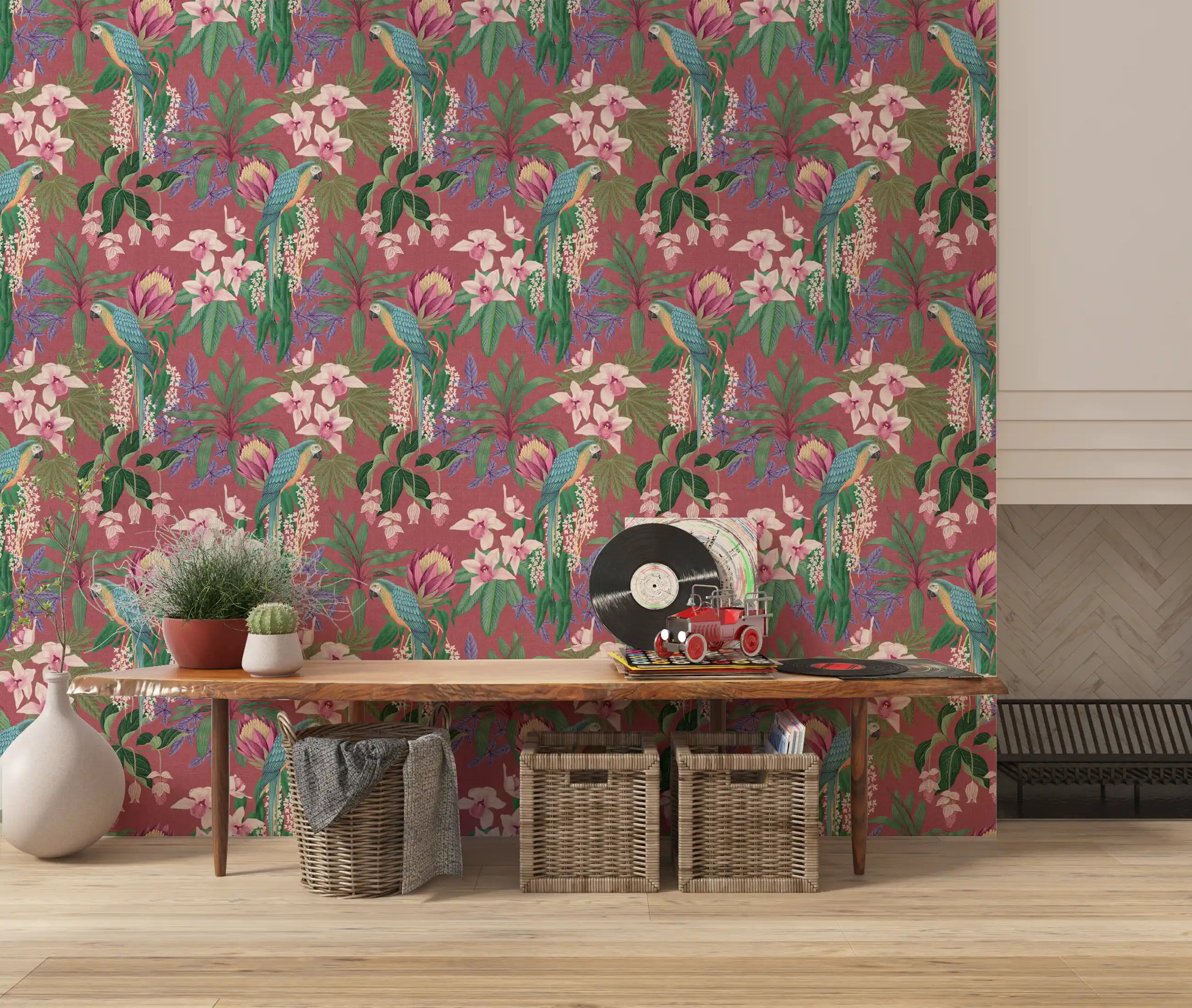 Botanical wallpaper showing two macaws among orchids and tropical foliage in hallway.