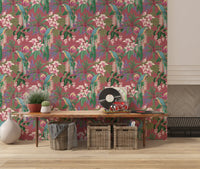 Botanical wallpaper showing two macaws among orchids and tropical foliage in hallway.