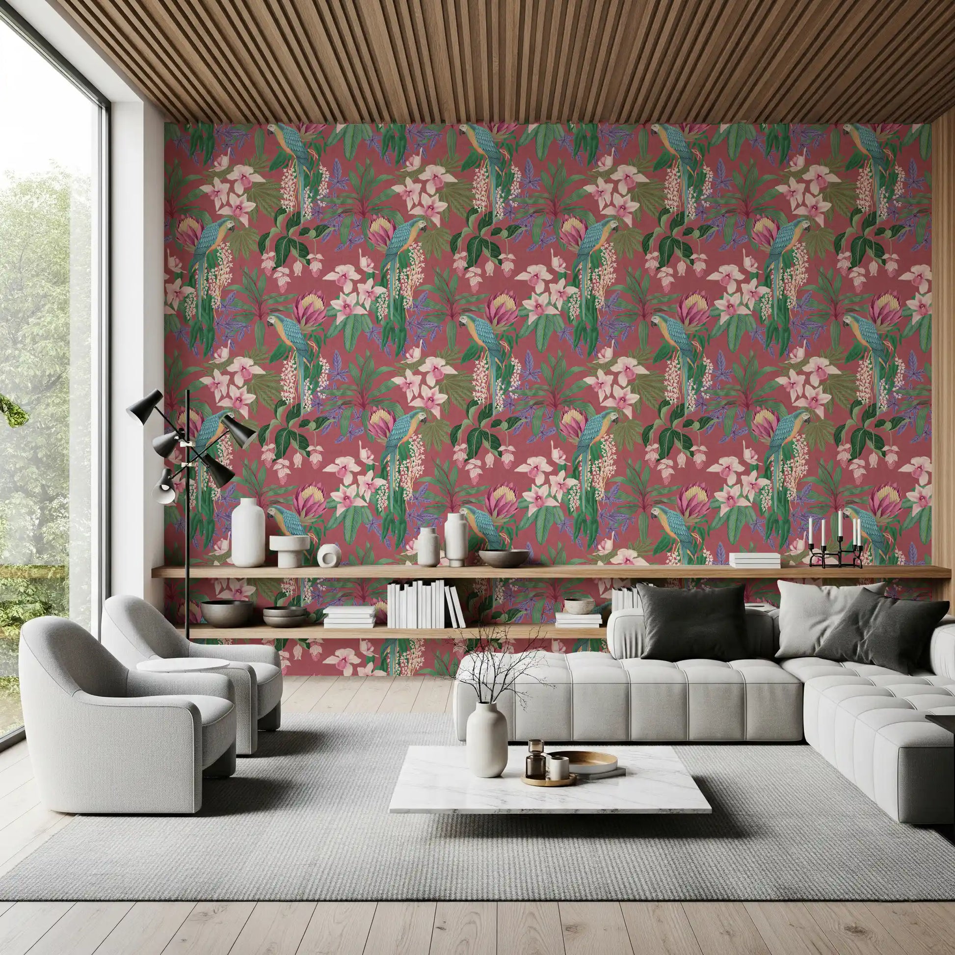 Living room wallpaper showing macaw parrots with orchids and palm foliage.