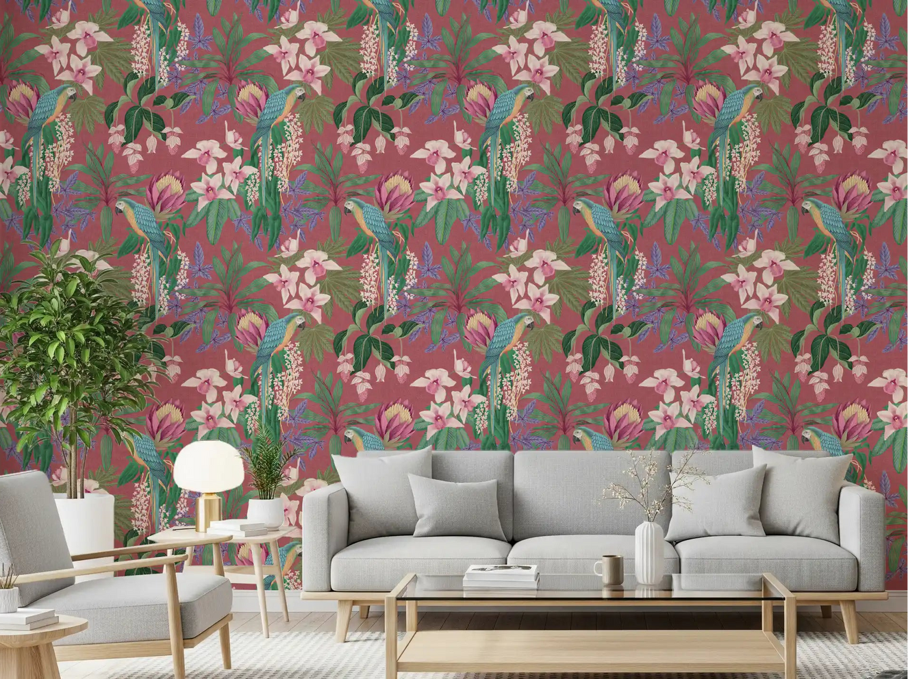 Living room wallpaper featuring tropical macaws and orchid blooms.