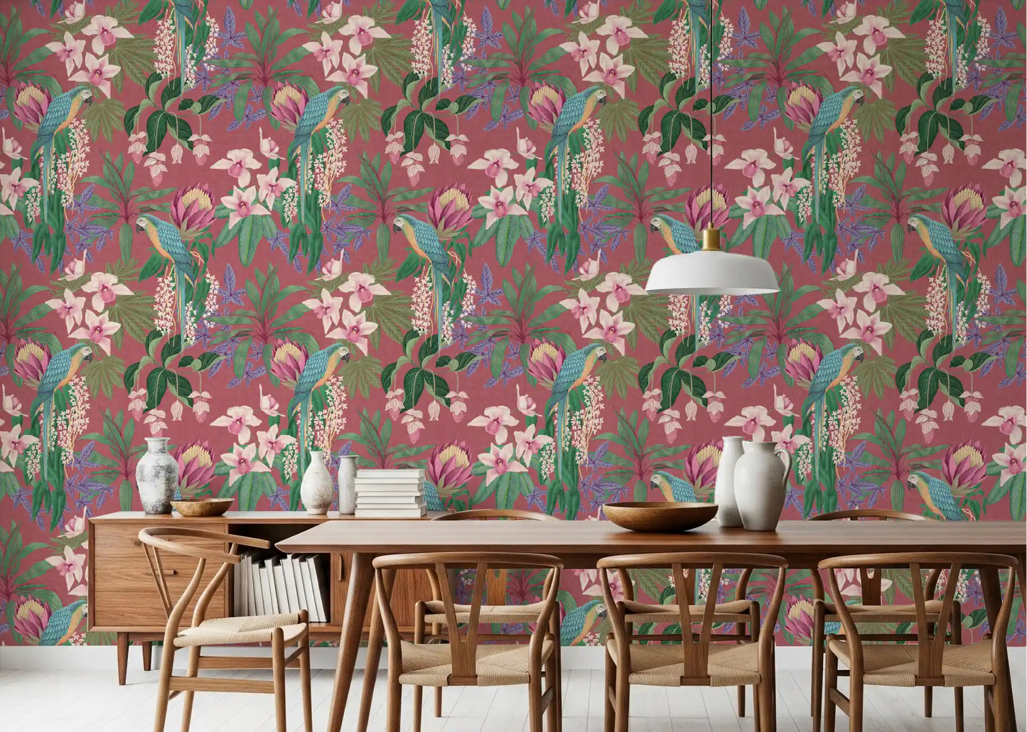 Macaw parrot pattern wallpaper with cascading white blossoms and protea flowers.