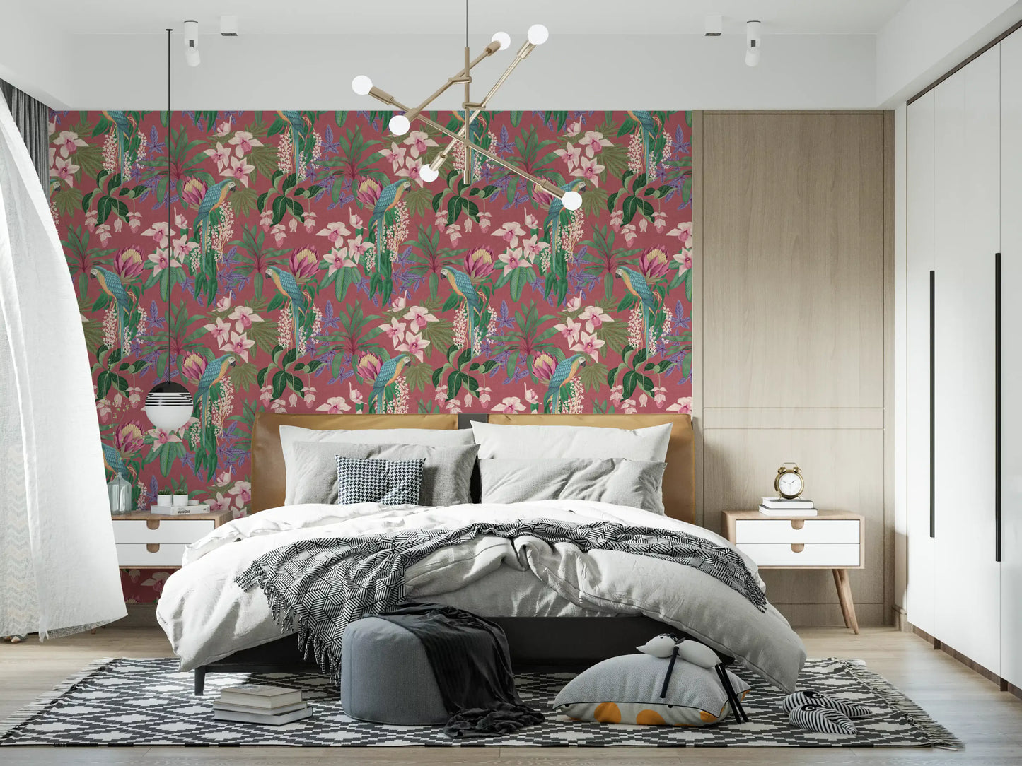 Tropical bird wallpaper with magenta protea and dusty pink background in bedroom.