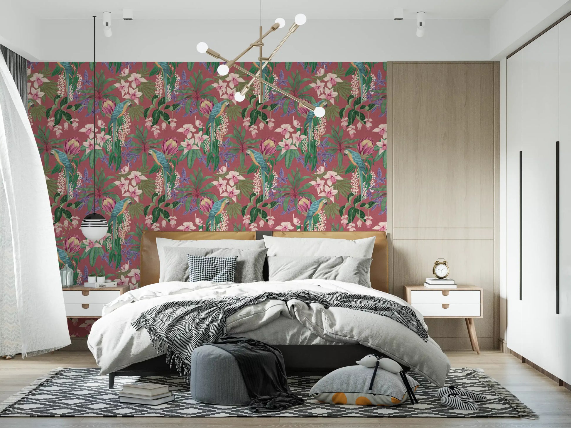 Tropical bird wallpaper with magenta protea and dusty pink background in bedroom.