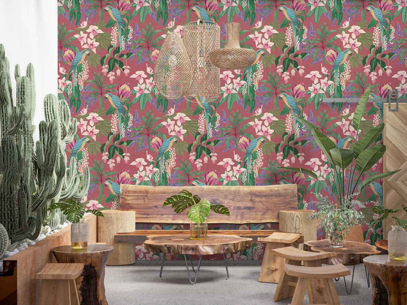 Tropical wallpaper with blue macaws, pink orchids, and green palm leaves.
