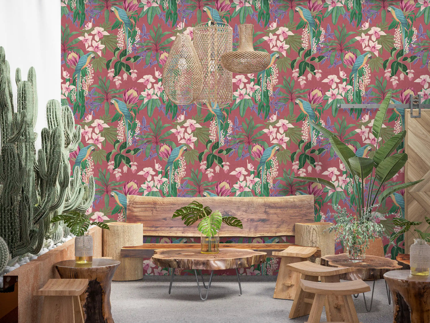 Tropical wallpaper with blue macaws, pink orchids, and green palm leaves.