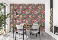 Tropical floral pattern wallpaper with macaws, orchids, and violet leaf accents.