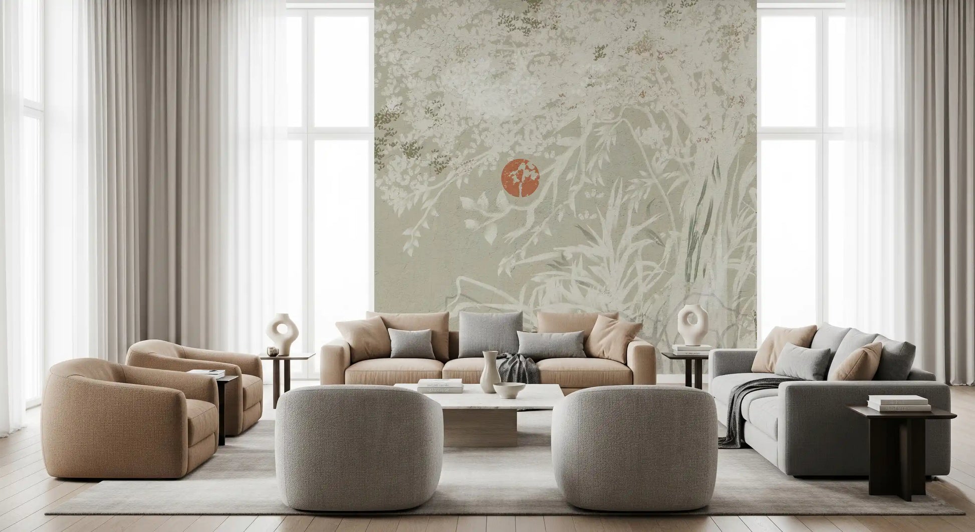 Painterly floral wall mural with aged beige textured background., GD10015