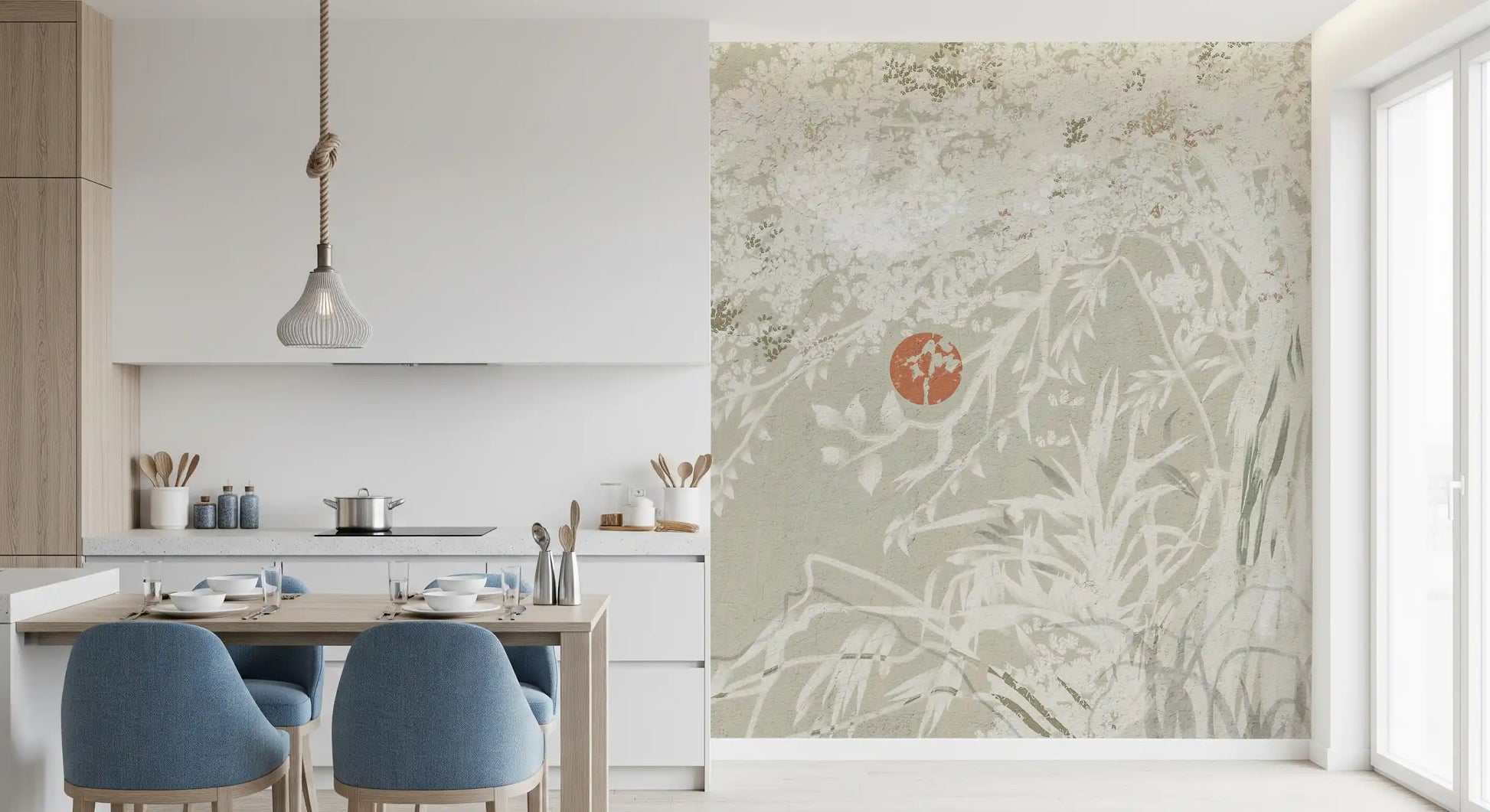Red moon botanical mural with painterly white floral branches, GD10015