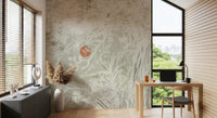 Botanical wall mural with bamboo, reed grasses, and red moon, GD10015