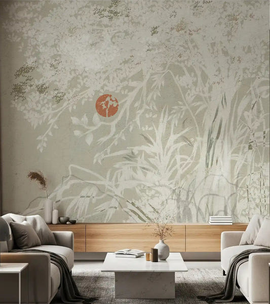 Oriental red moon wall mural installed in a living room.