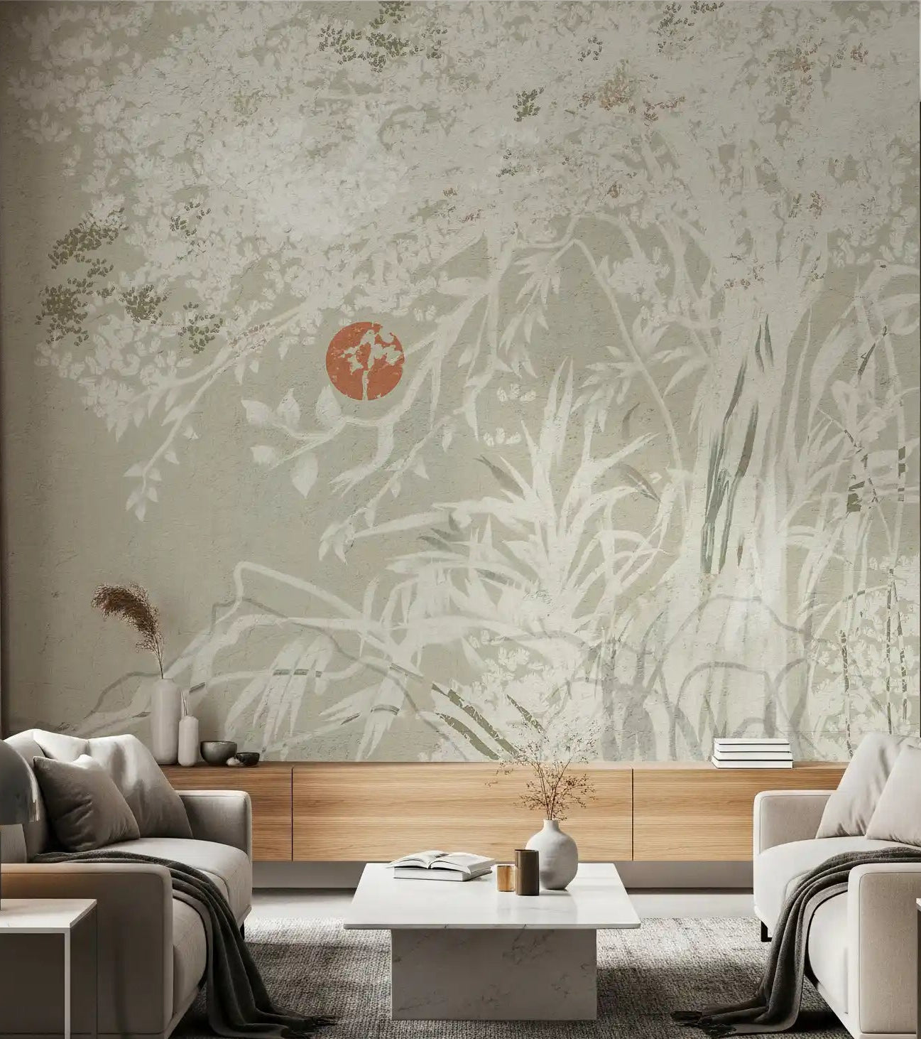 Oriental red moon wall mural installed in a living room.