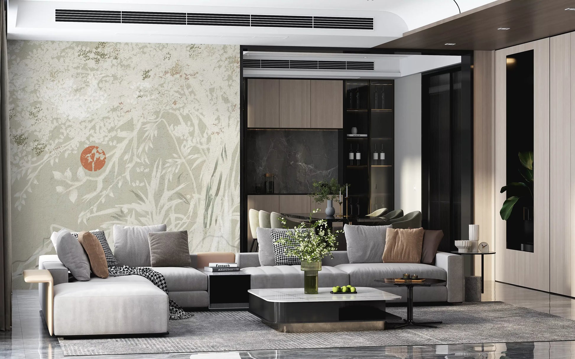 Red moon botanical wall mural in a hallway space., GD10015