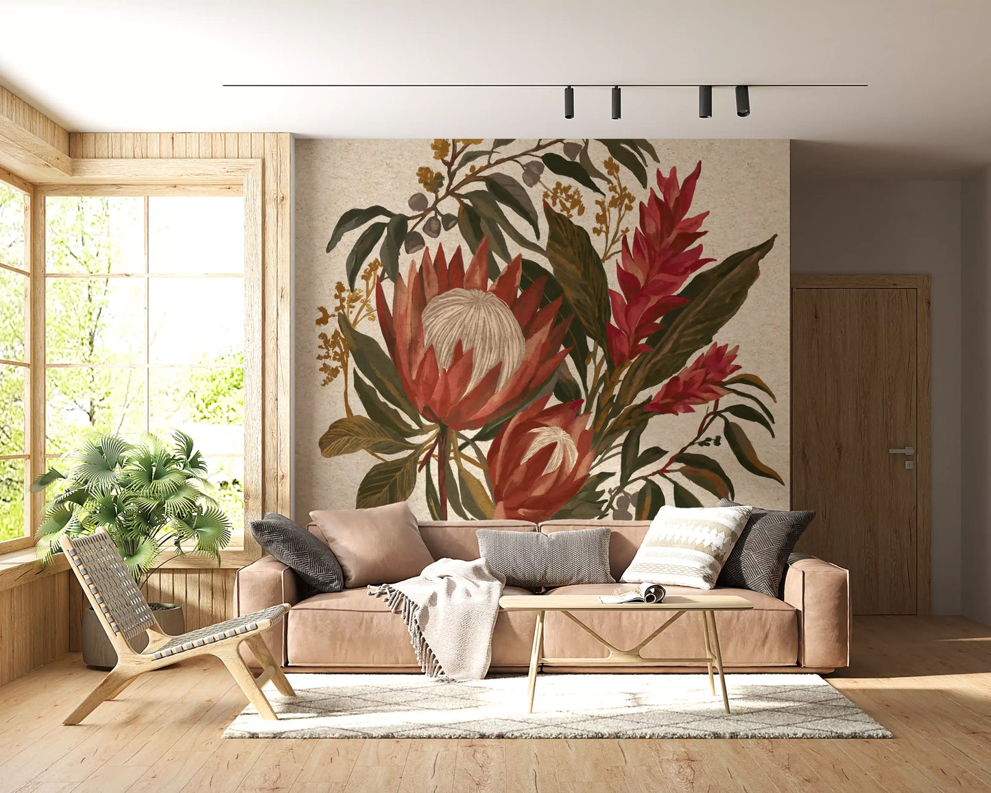 Botanical bouquet mural with protea flowers and warm earth toned foliage in living area.