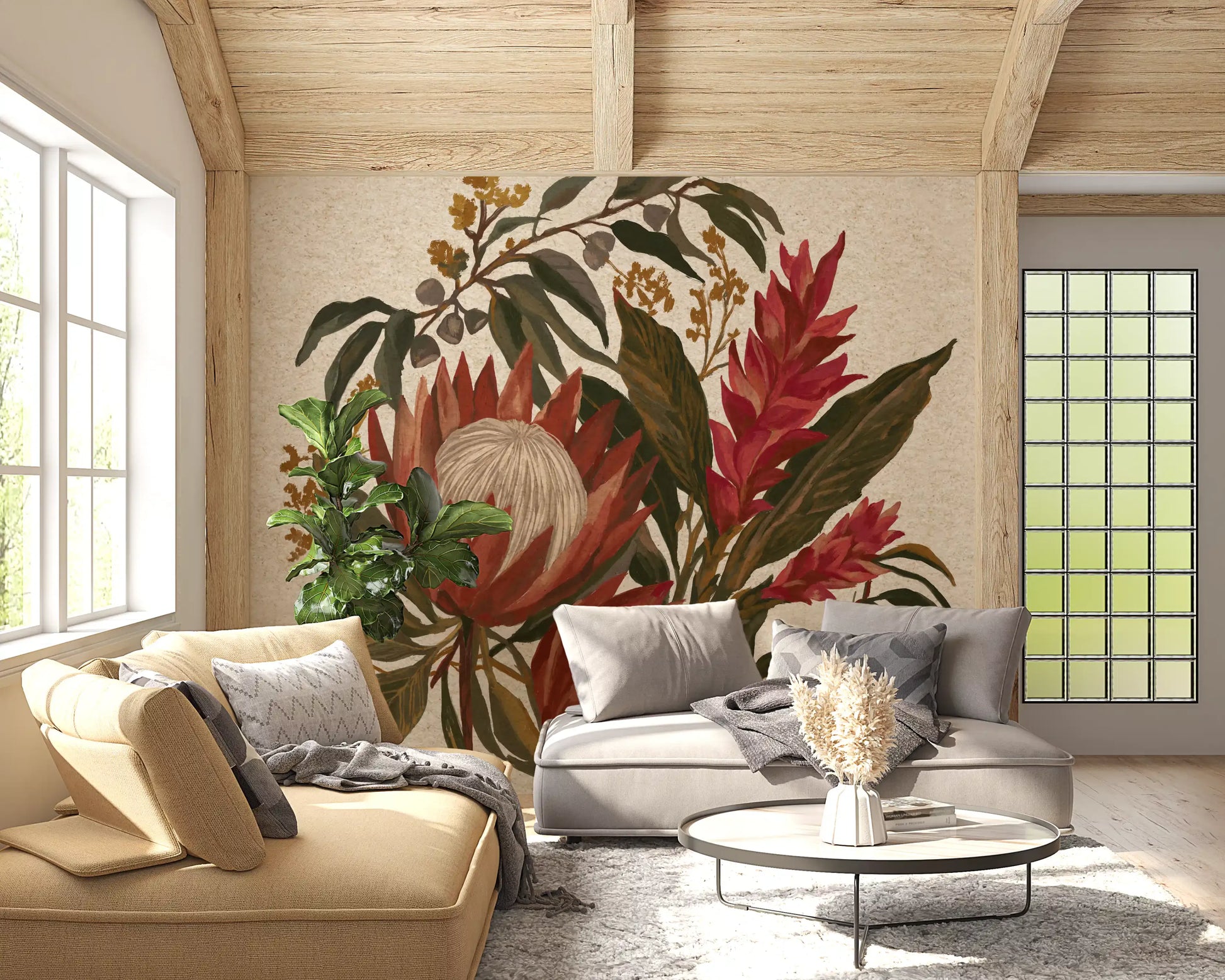Botanical bouquet wall mural with red protea pink ginger and green leaves