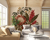 Botanical bouquet wall mural with red protea pink ginger and green leaves
