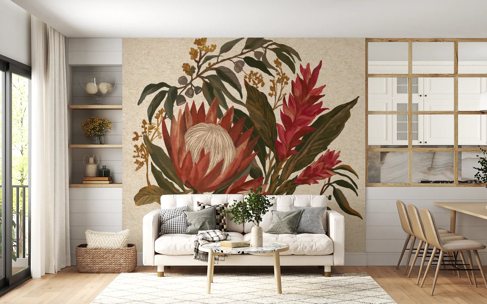 Living room botanical wall mural with protea ginger lili and earthy green leaves