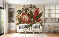 Living room botanical wall mural with protea ginger lili and earthy green leaves