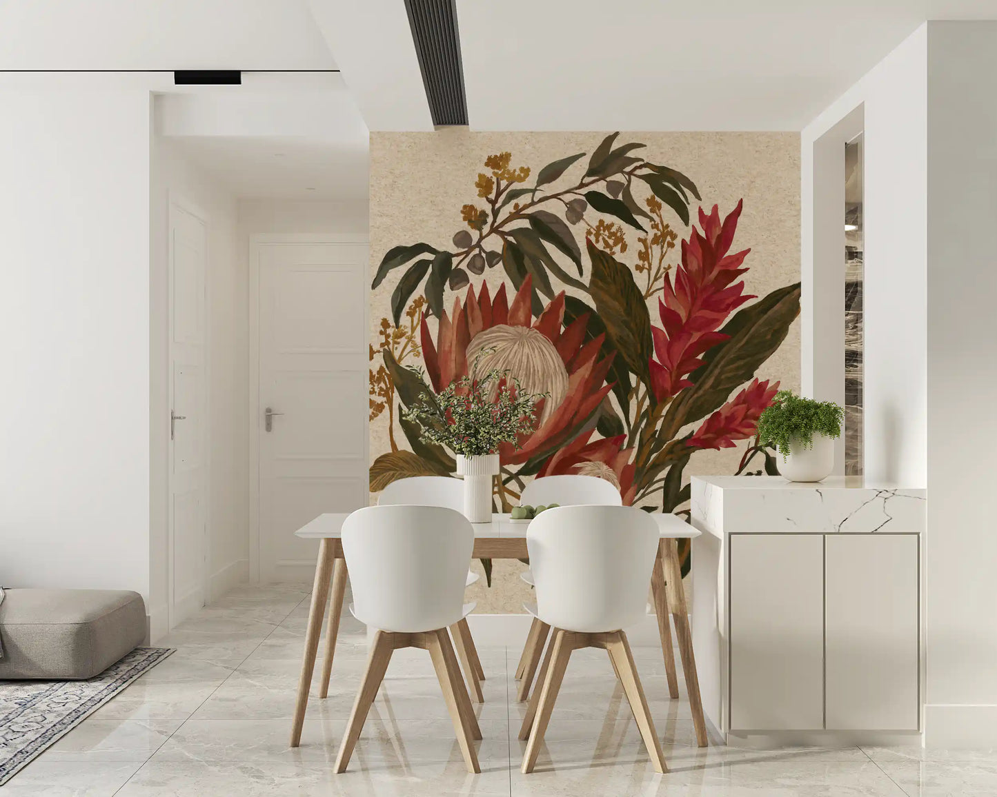 Cream background wall mural with protea blooms ginger lilies and tropical foliage