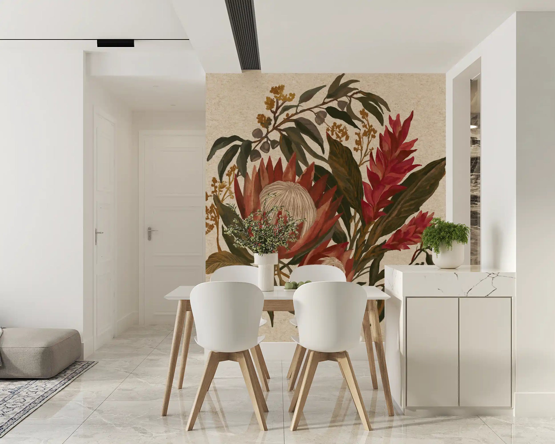 Cream background wall mural with protea blooms ginger lilies and tropical foliage