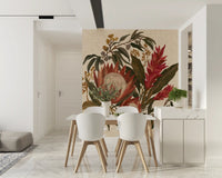 Cream background wall mural with protea blooms ginger lilies and tropical foliage