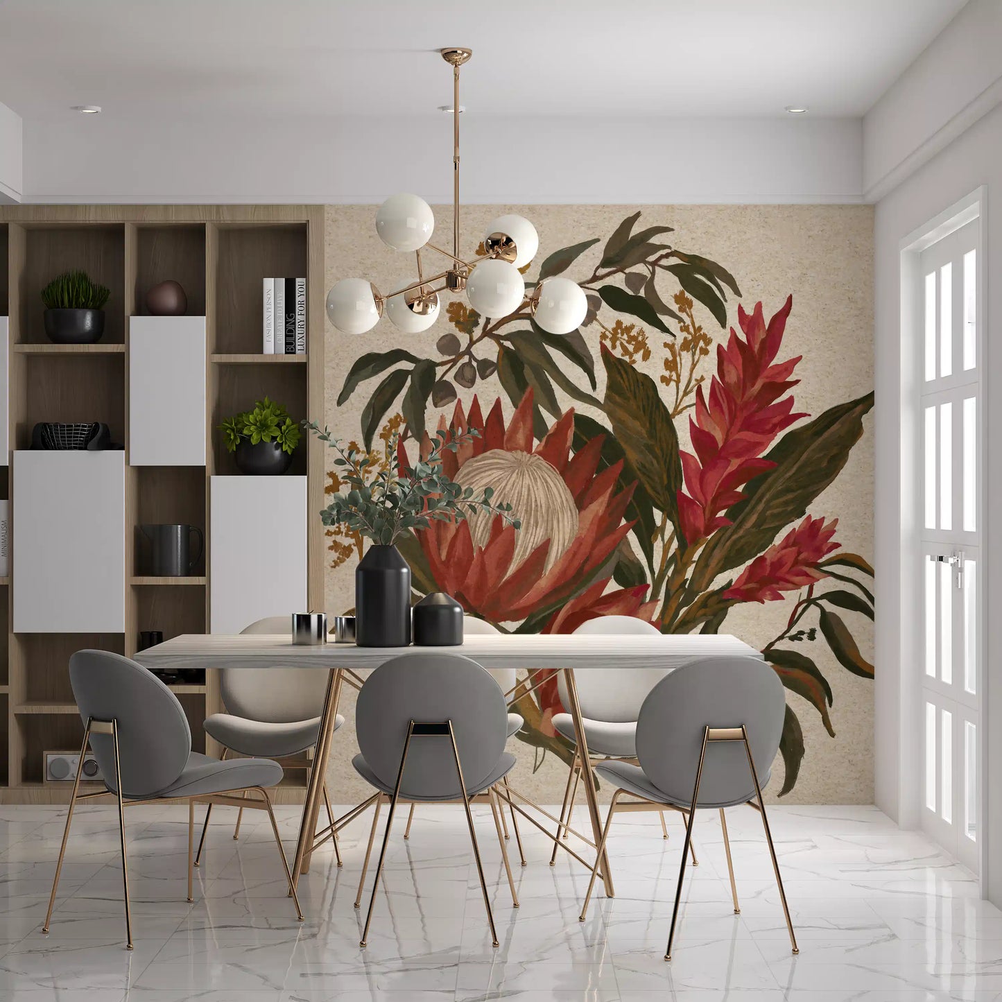 Dining room botanical mural with exotic protea blooms and mustard berry stems