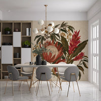 Dining room botanical mural with exotic protea blooms and mustard berry stems