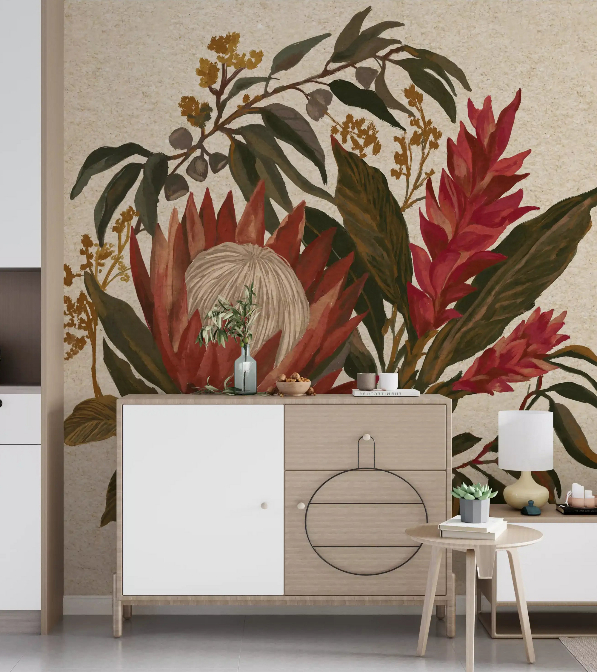 Hallway wall mural with vintage painted protea ginger lili and tropical leaves., GD10016