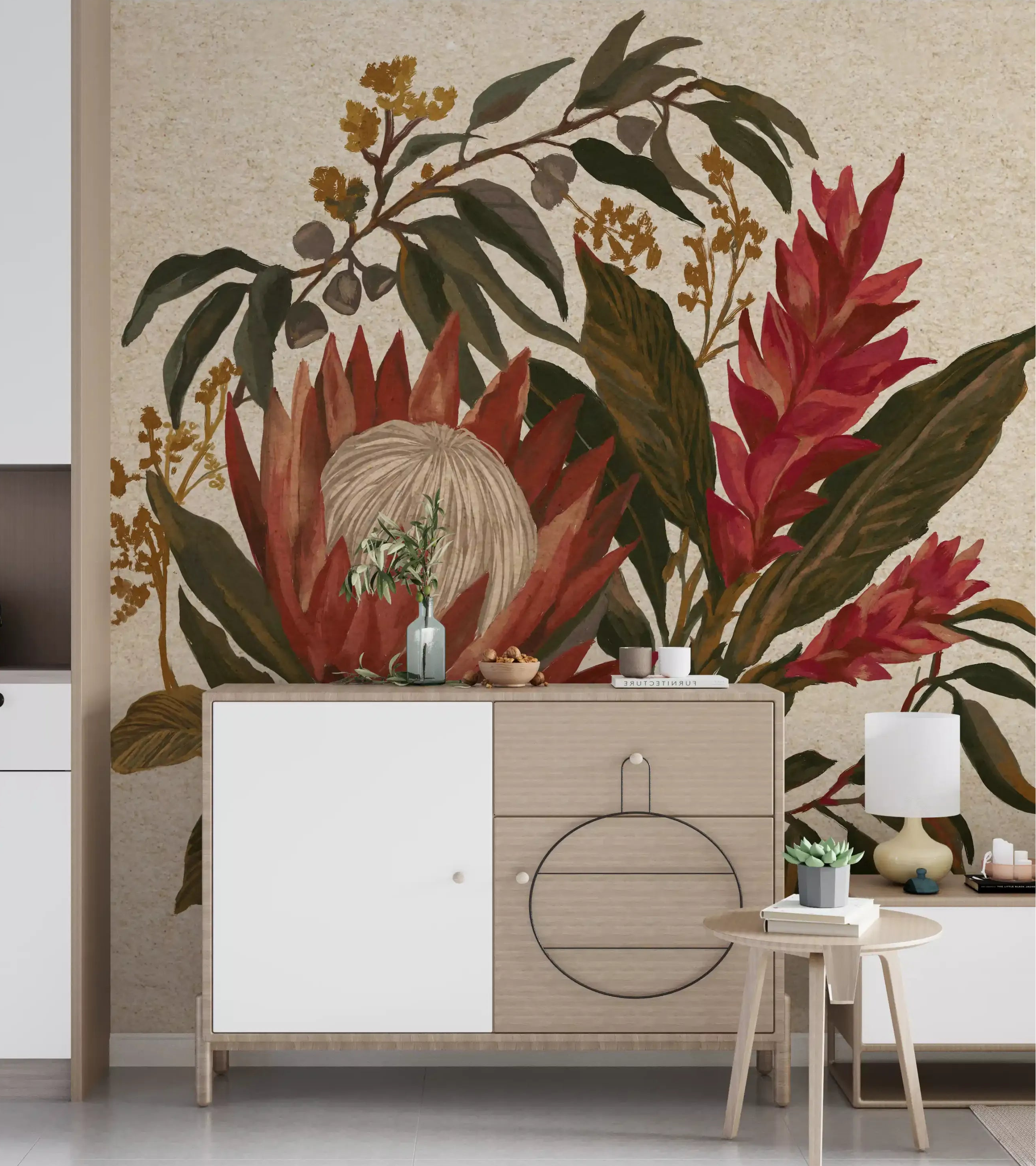 Hallway wall mural with vintage painted protea ginger lili and tropical leaves.