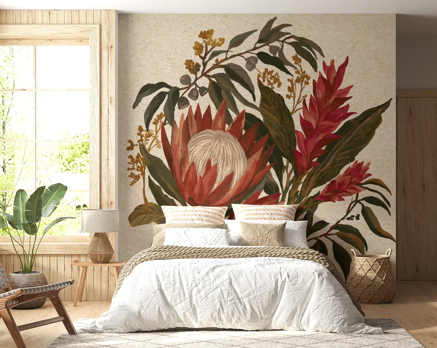 Bedroom wall mural showing red protea flowers and pink Hawaiian ginger bouquet