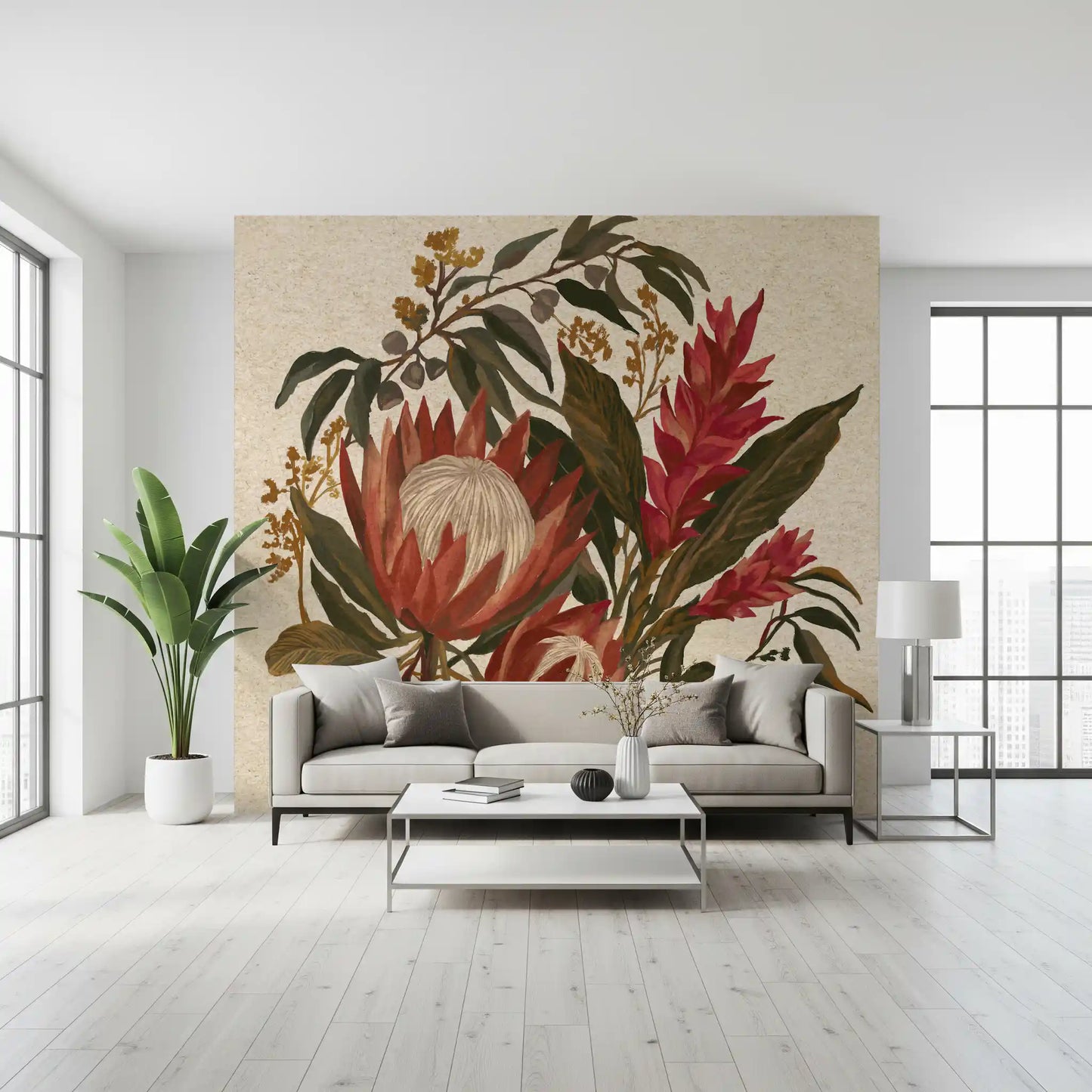 Exotic earth blooms protea and Hawaiian ginger lili bouquet wall mural 