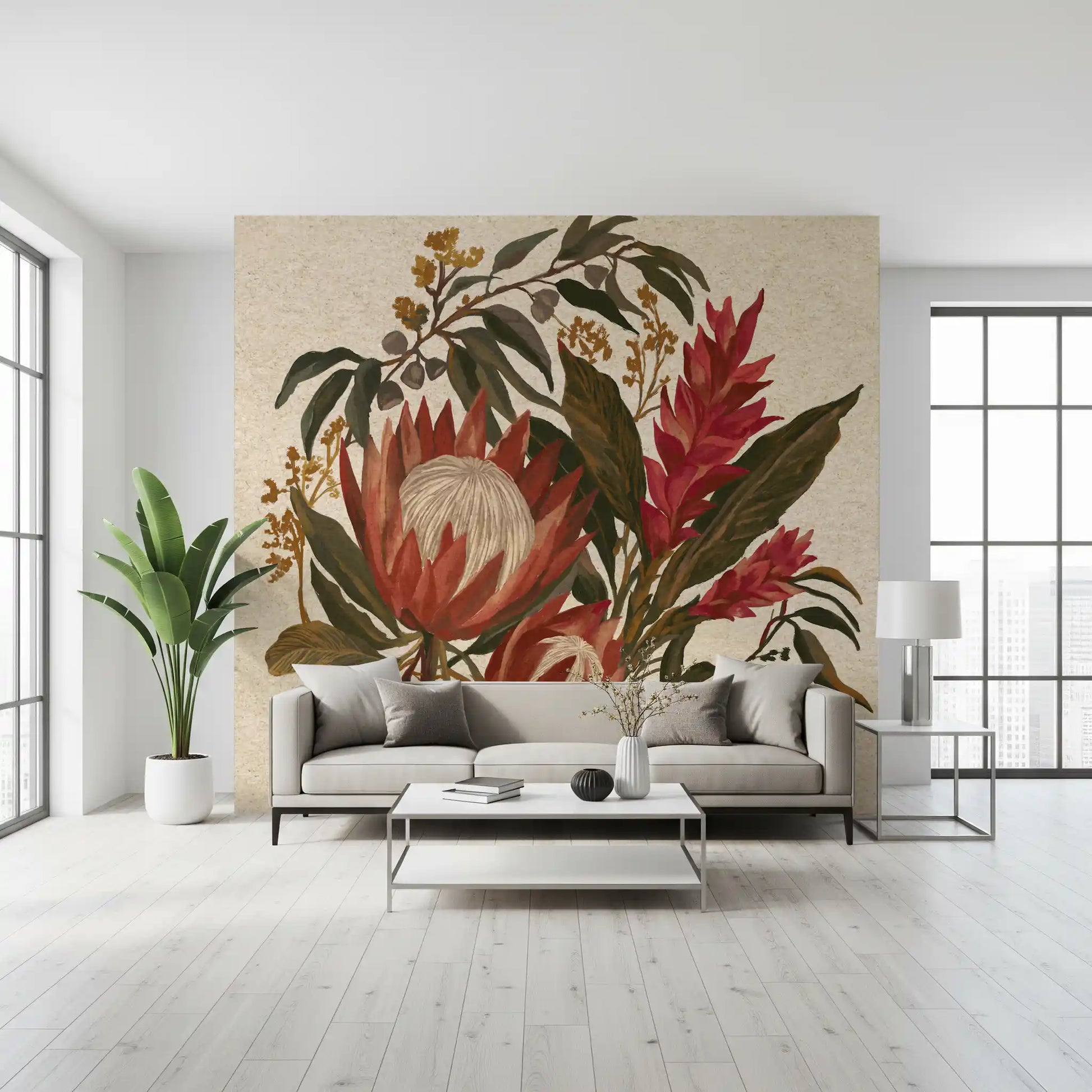 Exotic earth blooms protea and Hawaiian ginger lili bouquet wall mural 