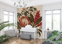 Exotic floral wall mural with protea ginger lili and sage green botanical leaves.